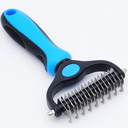 Double-sided grooming rake gently removes up to 95% of loose undercoat and mats for long-haired pets, painless shedding control tool.