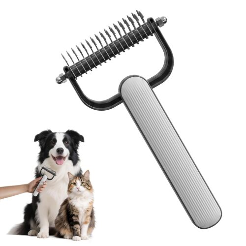 Double-sided dematting comb for thick double-coated pets, undercoat rake for tangles and matted fur.