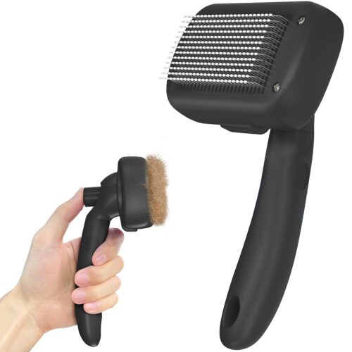 Self-cleaning deshedding brush with skin-friendly bristles, suitable for dogs, cats, and puppies of all coat types.