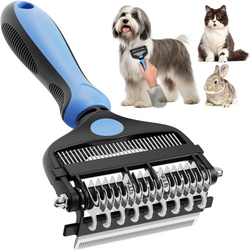 3-in-1 professional grooming brush combines dematting comb, undercoat rake, and deshedding tool for all coat types.