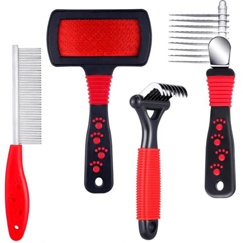 4-piece grooming kit includes dematting combs, slicker brush, and steel comb for dogs and cats.