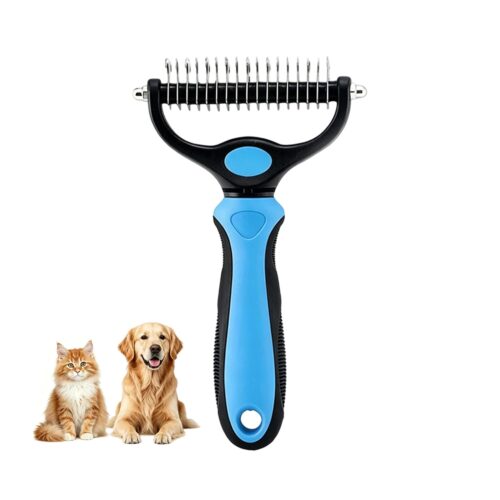Dematting comb and undercoat rake for long-haired dogs and cats, removes tangles, knots, and loose fur from thick coats.