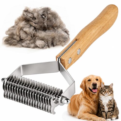Deshedding brush and undercoat rake with bamboo handle, grooming tool for long-haired pets and thick coats.