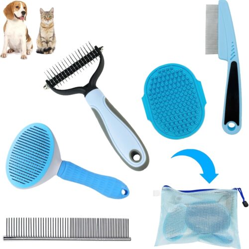 5-piece grooming kit with shedding brush, puppy brush, flea comb, slicker brush, for home or travel.