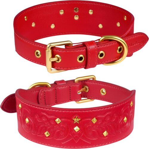 Red Microfiber Leather Dog Collar, Embossed Design
